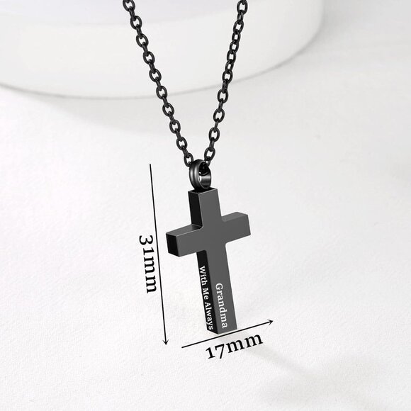 Hypoallergenic Black Cross Cremation Jewelry with Filling Kit - 20" Chain - Picture 2 of 7